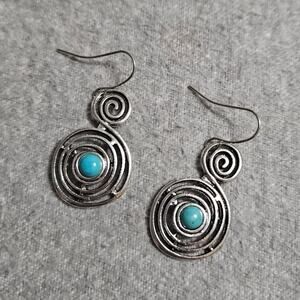 Boutique Silver-Tone Spiral Drop Earrings w/ Faux Turquoise Stones
